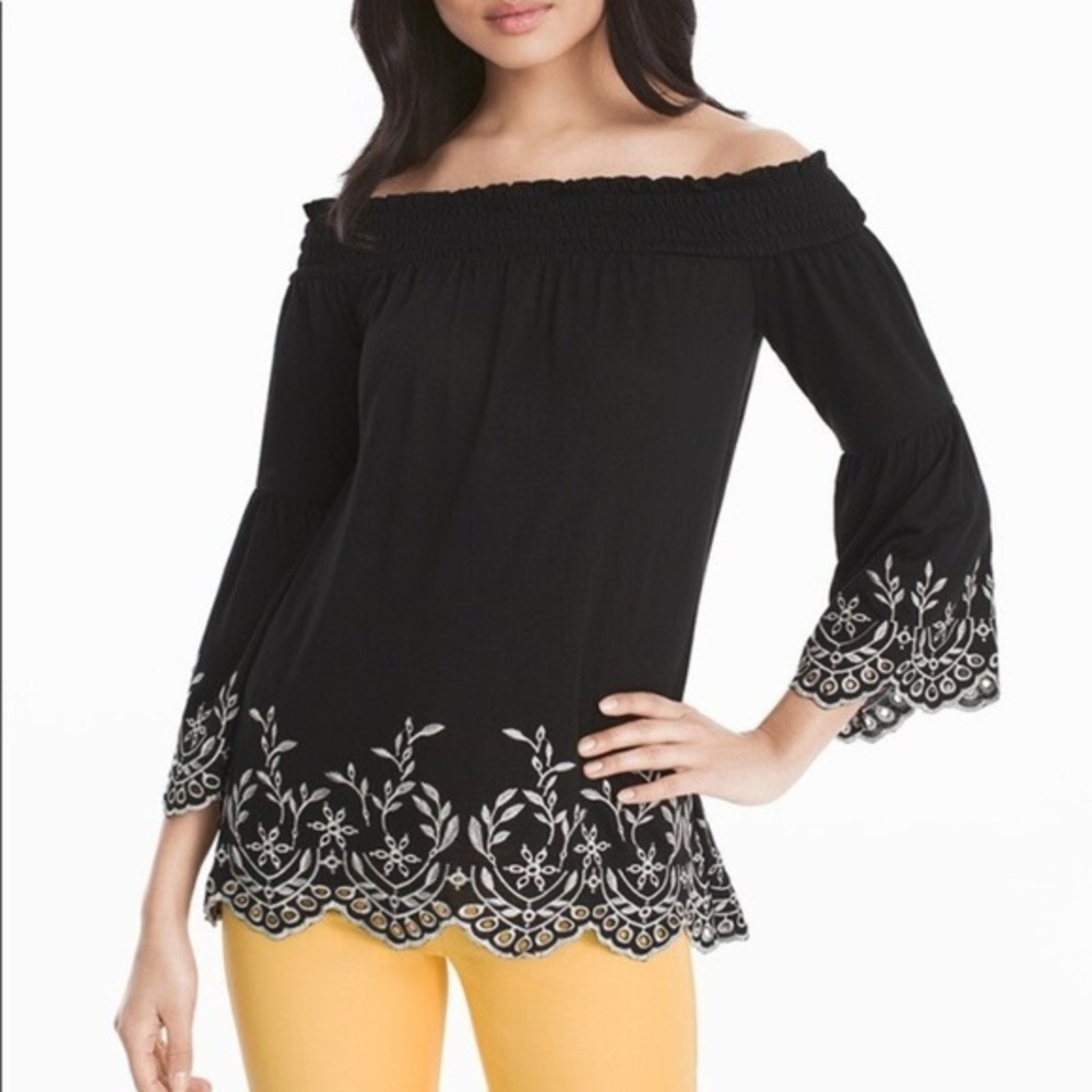 WHITE HOUSE BLACK MARKET Embroidered Off-The-Shoulder Contrast Trim Top L